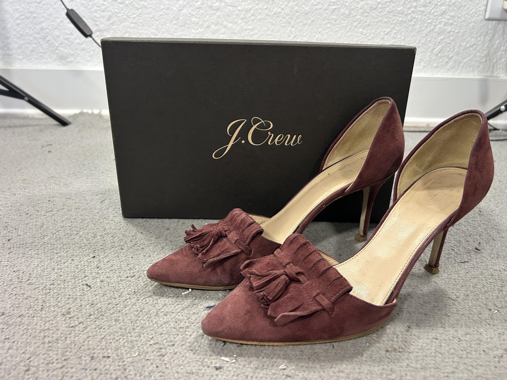J.Crew Elsie Suede D'Orsay Pumps Womens Size 7.5 Red Fringe Tassel Italy